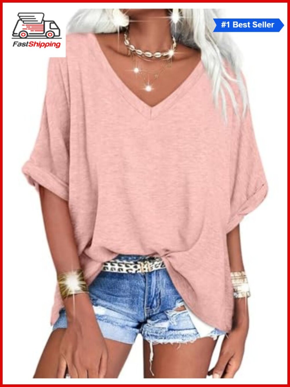 Womens Oversized V Neck Short Sleeve Summer Tee Rolled Sleeve Casual Tops